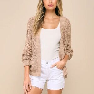 Lulu’s Evening Sweetie Tan Loose‎ Crochet Sheer Cardigan Sweater Tan Medium Nwt
